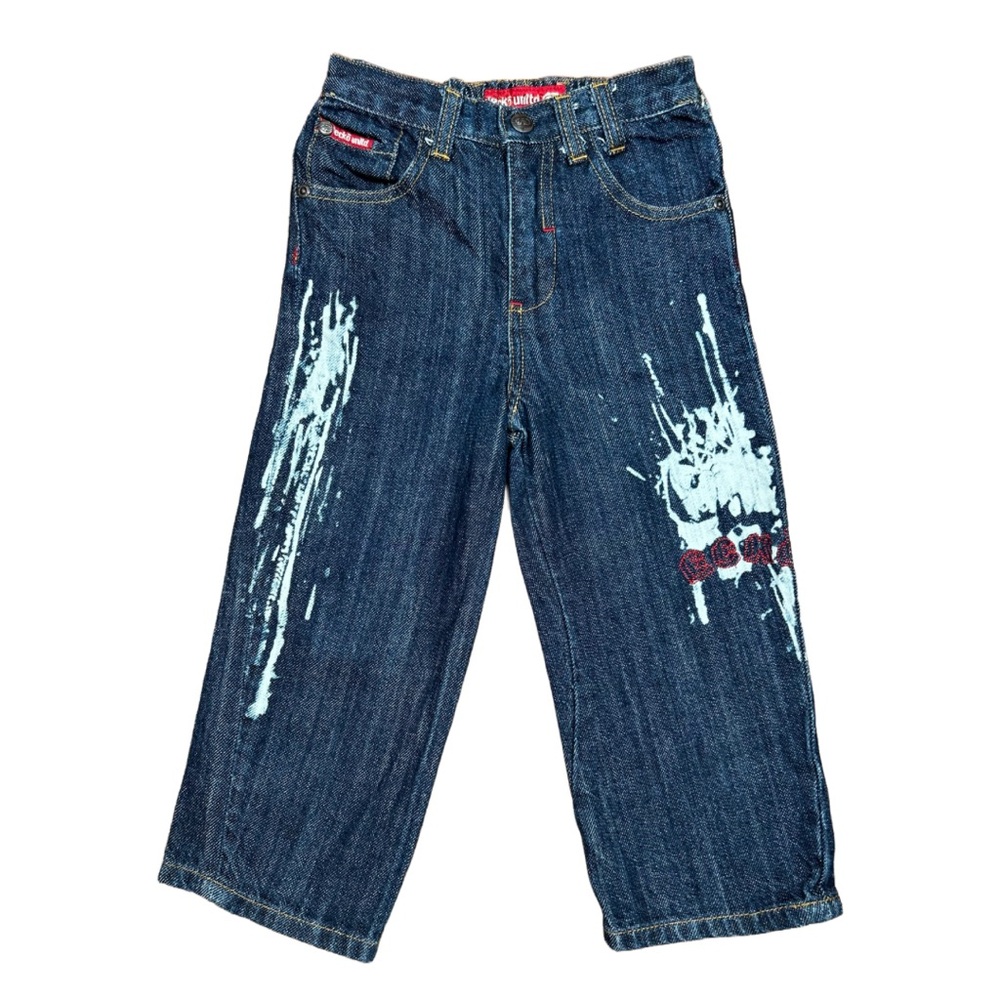 VINTAGE 90s Ecko Unlimited Baby Boys Blue Denim Paint Splatter Jeans 4T